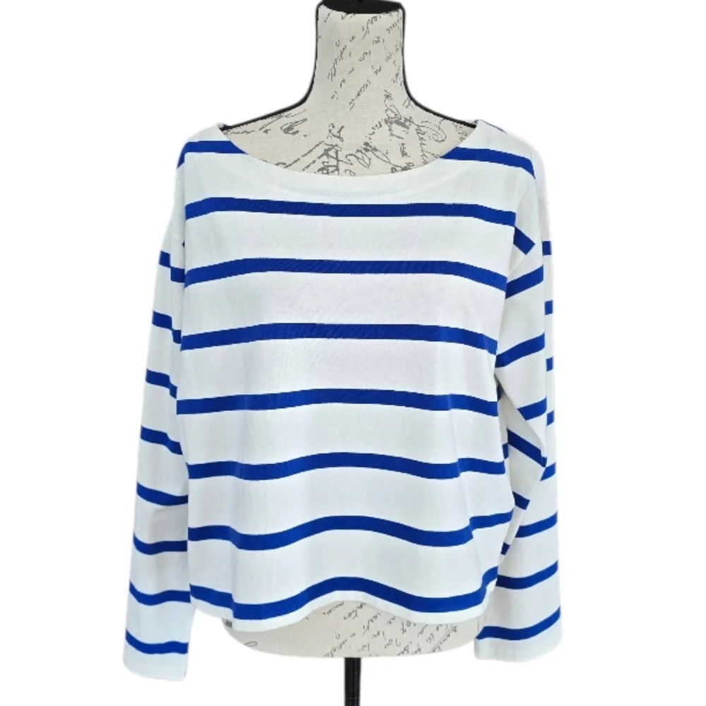 J. Crew Cropped Blue White Stripe Long Sleeve Shirt M - Picture 2 of 6
